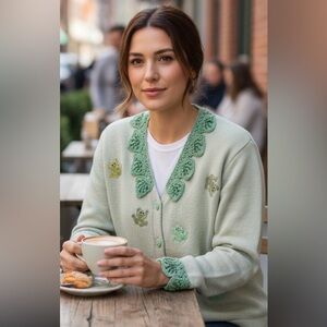 Storybook‎ Knits Cardigan Womens Size M Green Frog Beaded Embroidered Vintage